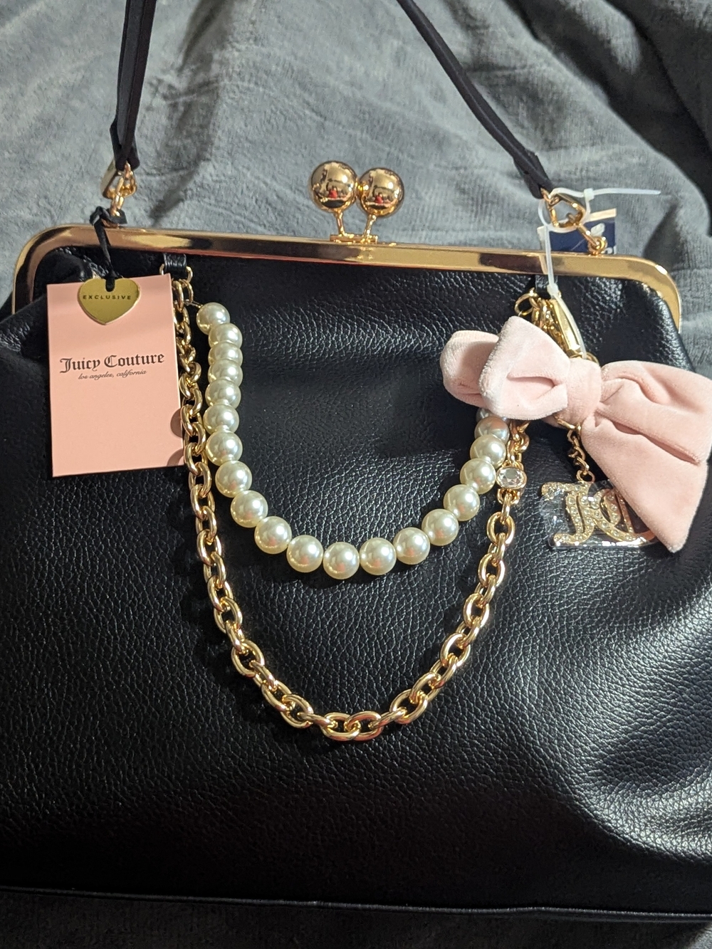 SOLD❌❌Juicy Couture Black Kisslock with Gold Trim and Pearl Chain Accent